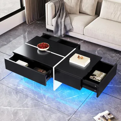 Produktbild von Hochglänzender Couchtisch mit Marmorimitat-Oberfläche, 3 Push-Open-Schubladen & App-gesteuerter LED-Beleuchtung, Spanplatte in Schwarz, 100x50x34,5cm
