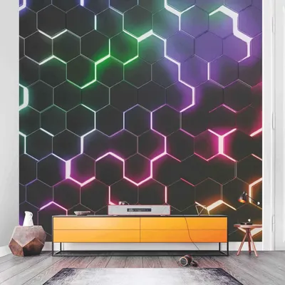 Produktbild von Fototapete Muster - Vliestapete - Bildtapete UV-beständig Design schwarz 3D-Effekt Neon Art Wandtapete geruchsfrei