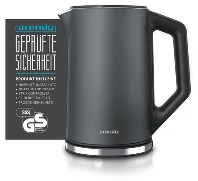 Obrázek produktu pro Rychlovarná konvice Arendo, 1,5 l, 2200 W, nerezová ocel, dvojitá stěna, nastavení teploty 40° - 100 °C s displejem, šedá barva