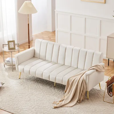 Produktbild von STILVORA Klappsofa mit 2 Kissen und verstellbare Rückenlehne,Zweisitzer mit Schlaffunktion und Hilfsfuß,Schlafsofa aus Samtstoff für Wohnzimmer&Gästezimmer,Beige
