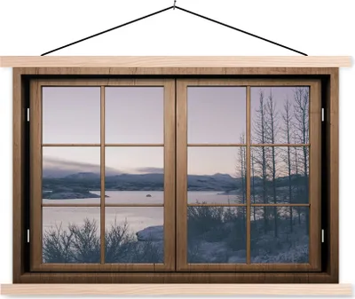 Produktbild von MuchoWow® Textilposter Aussicht - Sonnenuntergang - Berg 120x80 cm mit holzfarbenen Rahmen - Aufhängeset