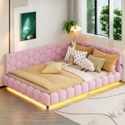 Obrázok produktu pre Čalúnená posteľ Dvojposteľ 140 x 200 cm s USB nabíjacím portom a LED osvetlením pre mládež a dospelých Ružová