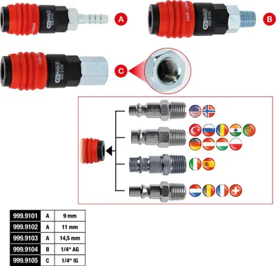 Imagen del producto de Acoplamiento de seguridad universal para aire comprimido, de 3 en 1, con conexión de 9 mm y manguera