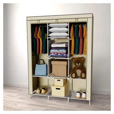 Produktbild von Faltbarer Kleiderschrank, Stoffschrank, tragbarer Schrank mit 2 Kleiderstangen, Regalen, 8 Ablageflächen, 130 x 45 x 175 cm, großes Fassungsvermögen für Schlafzimmer und Wohnzimmer, Farbe Beige