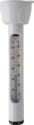 A white floating thermometer for a swimming pool.