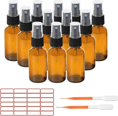 Productafbeelding van Verpakking van 12 spuitflessen van amberkleurig glas, elk met een inhoud van 1 ounce, geschikt voor essentiële oliën, badproducten, schoonheidsproducten, haarverzorging en reiniging