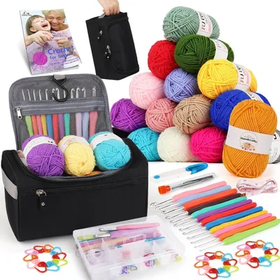 Immagine prodotto di Kit per principianti per l'uncinetto, contenente 16 gomitoli di filato, uncinetti ergonomici da 2,0 a 8,0 mm, una borsa per l'uncinetto e accessori