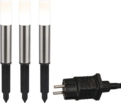Obrázok produktu pre BRILONER Connect to Shine sada 3 LED stĺpikov, štartovacia sada, so zemným hrotom, ochrana proti striekajúcej vode IP44, teplé biele svetlo, strieborná farba, 450 x 4 x 36,5 cm