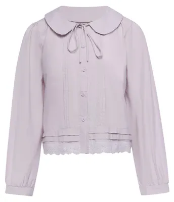 Produktbild von Damenbluse lila Größe S mit Knopfleiste, Bindedetail und klassischem Kragen