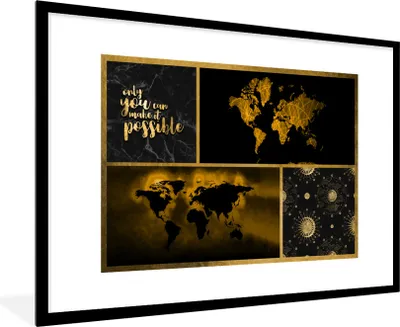 Produktbild von MuchoWow® Gerahmtes Poster Weltkarte - Collage - Luxus - Gold 90x60 cm - Poster mit Schwarzem Bilderrahmen Wandposter Rahmen Foto Bilder - Wanddekoration - Fotos