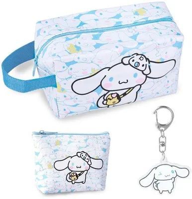 Image de Trousse de voyage en plastique pour filles, trousse de voyage avec porte-monnaie et porte-clés, grande trousse de maquillage bleue à motifs de dessins animés, trousse de voyage à fermeture éclair, idée cadeau pour les enfants, les adolescents et les femmes.