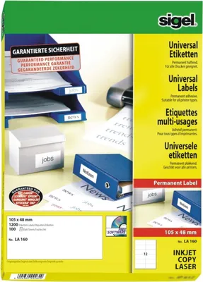 Produktbild von Etiketten Inkjet/Laser Kopier 105x48mm VE=10x1200 Stück (100 Blatt) weiß