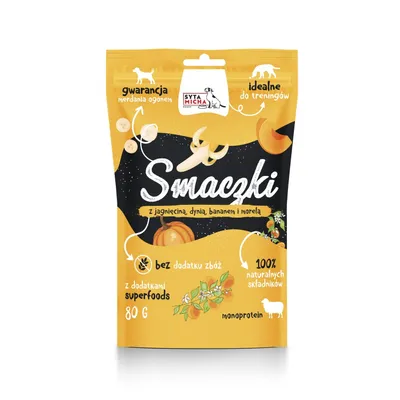 Zdjęcie produktu dla Syta Micha Smaczki Z Jagnięciną, Dynią, Bananem I Morelą 80G Pies
