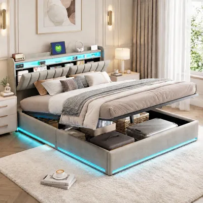 Immagine prodotto di Letto imbottito INONEFT, 160 x 200 cm, letto per adulti con LED e USB, letto per adulti con rete a doghe e spazio contenitore, letto matrimoniale, in velluto, grigio, senza materasso