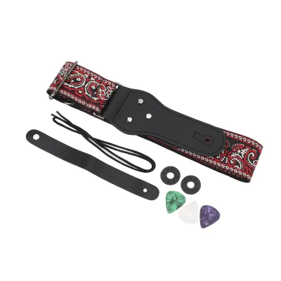 Obrázek produktu pro Kytarový popruh ve vintage stylu, nylonový kytarový popruh s koženými konci, nastavitelná délka pro akustické, elektrické a basové kytary (červený)
