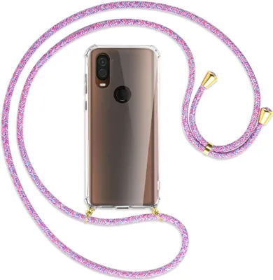 Produktbild von Handykette Backcover-Schutzhülle mit Band (Metall goldfarben) für Motorola One Vision - lila/rosa/blau