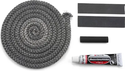 A coiled rope-like seal and related accessories are laid out on a white background.