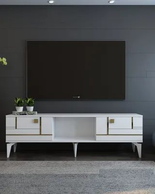 Produktbild von Skye Decor, Madera - White, Gold, TV-Ständer, Weiß, 100 % MELAMINBESCHICHTETE SPANPLATTEN, 150 x 44,6 x 29,6 cm