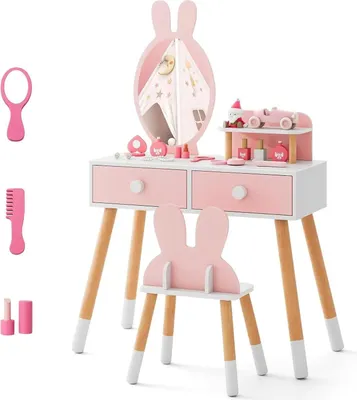 Image de Coiffeuse pour enfants - Motif lapin - 2 en 1 avec miroir - 2 tiroirs et étagère - Bois - Rose
