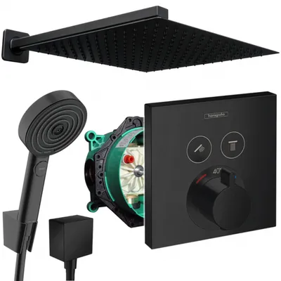 A collection of black bathroom shower fixtures, including a showerhead, handheld shower, and control panel, along with a green internal component.