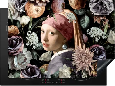 Produktbild von KitchenYeah© Herdabdeckplatte Mädchen mit Perlenohrring - Blumen - Vermeer - Pastell - Kunstwerk - Gemälde - Alte Meister , 71x52cm, Küche Deko, Glaskeramikkochfeld Herdabdeckung, Abdeckplatte fùr Kochfeld