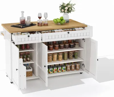 Produktbild von AIORBER Kücheninsel auf Rollen, klappbare Arbeitsplatte, 2 Schubladen, Regal, Tür, groß, mobil, Schwarz/Weiß, 137×89,5×45 cm