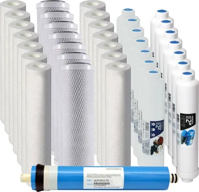 A collection of water filters and a reverse osmosis membrane.