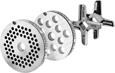 Produktbild von Lochscheibensatz 3,0mm + 8,0mm und 1 Kreuzmesser Eversharp - passend für alle gängigen Fleischwölfe Größe 5 – z.B.: Bosch MUM4/MUM5 - Alexanderwerk Größe 5 – Jupiter Größe 5 und viele mehr von WolfCut