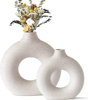 Produktbild von Vasen, Dekovase (2er Set), Keramik Vase, Moderne Dekovase, Milch Weiß Vasen matt, Pampasgras-Vase, Runde Handmade Getrocknete Blumenbehälter