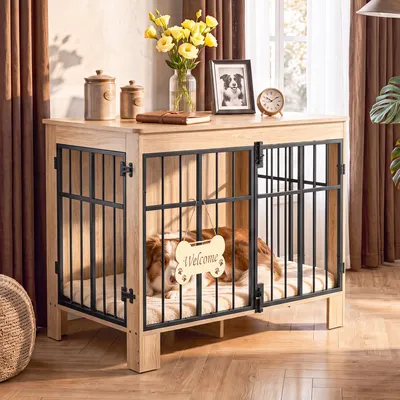 Obrázok produktu pre Klietka pre psa DWVO, rozmery 85 x 55 x 70 cm, dizajn s dvoma dvierkami, vzhľad dreva