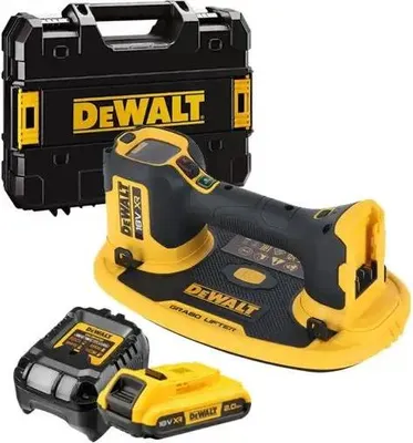 A DeWalt battery-powered vacuum lifter, two batteries, and a carrying case are displayed against a white background.