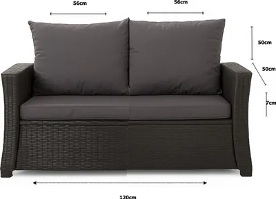 A close-up front view of a dark gray outdoor sofa with gray cushions, showing dimensions.