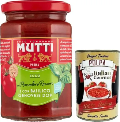 Produktbild von Mutti Sugo con Basilico,Sauce mit Rossoro-Tomate und Genuesischem Basilikum DOP,Italienische Tomatensauce 280g + Italian Gourmet Polpa di Pomodoro 400g Dose