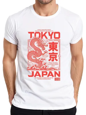 Productafbeelding van Tokyo, Japan. Mysterieus oosters draak. Streetwear. Y2K. Azië. Heren T-shirt, wit, maat M
