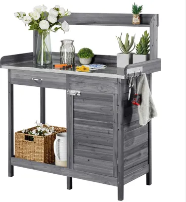 Produktbild von Yaheetech Pflanztisch mit Schubladen & Unterschrank, Blumentisch Gärtnertisch mit verzinkter Arbeitsplatte, wetterfest, 101 x 46 x 125 cm, Grau