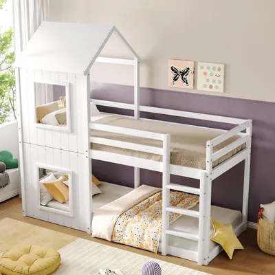 Produktbild von 90x200 cm Etagenbett, Kinderbett Hausbett für Mädchen & Jungen, mit Leiter & Baldachin, bodentief, Massivholz, weiß