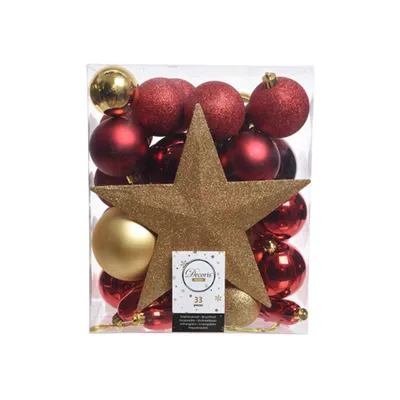 Produktbild von Weihnachtskugeln mit Christbaumstern Kunststoff 33er Set - Rot / Gold