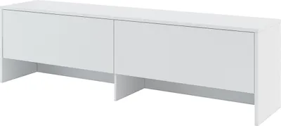A long, white, modern cabinet with two doors.