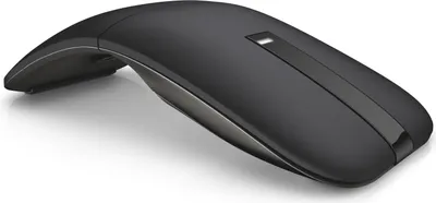 A black wireless computer mouse is shown from a side angle on a white background.