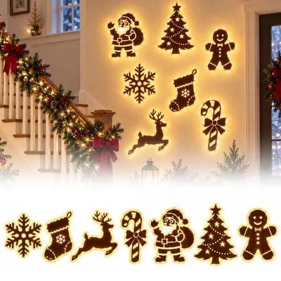 Produktbild von LED Rentier Weihnachtsdeko 7er Set, 3D Holz Rentier Lichter mit warmweißem Rücklicht, selbstklebende Festtagsdekoration für Zuhause
