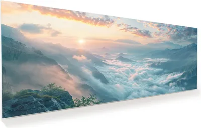 Produktbild von Glasbild 100x40cm in XXL für Wohnzimmer, Schlafzimmer Motiv Morgennebel in Bergen