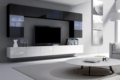 Produktbild von Selsey - Wohnwand / Wohnzimmer Set KIRDON groß mit 2 x TV-Hängeboard, 2 x Hängevitrinen und 2 x Hängeboards (Weiß matt /Weiß Hochglanz  - Schwarz matt/Schwarz Hochglanz mit LED in Weiß)