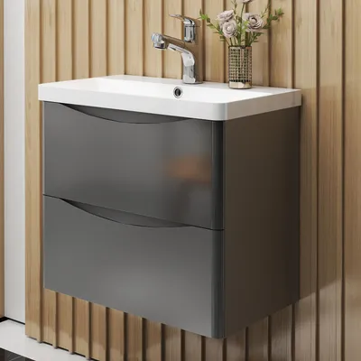 Produktbild von AICA Badmöbel-Set 60cm HALMON hochglanz Dunkelgrau Badezimmerschrank,Mineralgusswaschbecken mit Unterschrank,Badschrank mit 2 Schubladen