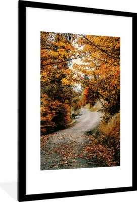 Produktbild von MuchoWow® Gerahmtes Poster Herbstwald - Weg - Laub - Ländlich 60x90 cm - Poster mit Schwarzem Bilderrahmen Wandposter Rahmen Foto Bilder - Dekoration - Wandposter Wohnzimmer - Hochwertig