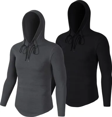 Produktbild von 2pcs Herren Laufshirt Langarm Funktionsshirt Kapuze Gym Sportshirt Atmungsaktiv T-Shites Schwarz -grau S