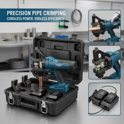 Produktbild von Elektrisches Rohrpresswerkzeug Set - Akku Rohrpresszange - 18V Presszange - Set mit 2x 2,0Ah Akkus - Professionelles Installationswerkzeug