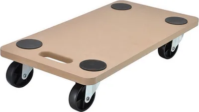 A wooden furniture dolly with four black wheels and rubber pads on top, shown from a slightly elevated angle against a white background.