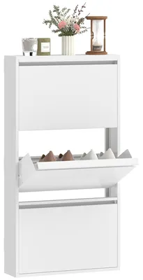 Zdjęcie produktu dla Szafka na buty HOMCOM z 3 klapami, wąska, na 6 par, metalowa, biała