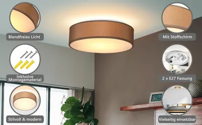 Produktbild von Deckenleuchte, Stoffschirm, 38 cm, Taupe, E27-Fassung