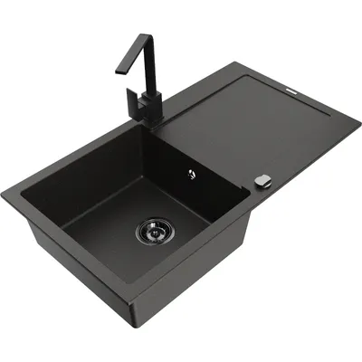 Obrázek produktu pro Mexen Leo 1-miskový granitový dřez s odkapávačem a kuchyňskou baterií Rita, Černá/Zlatá kovová - 6501-75-670300-70-B